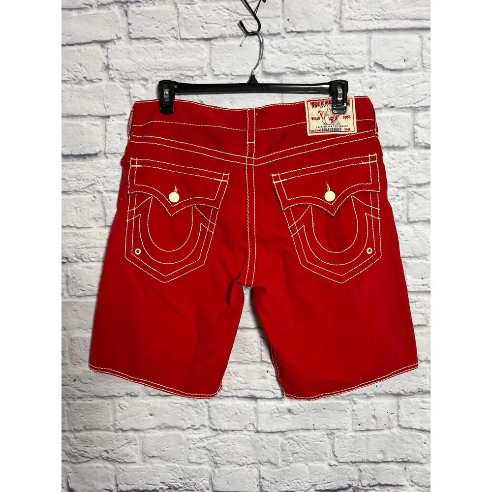 True Religion Big T Boardshort SIZE 33 Red White Stitch Cotton Swim Shorts EUC